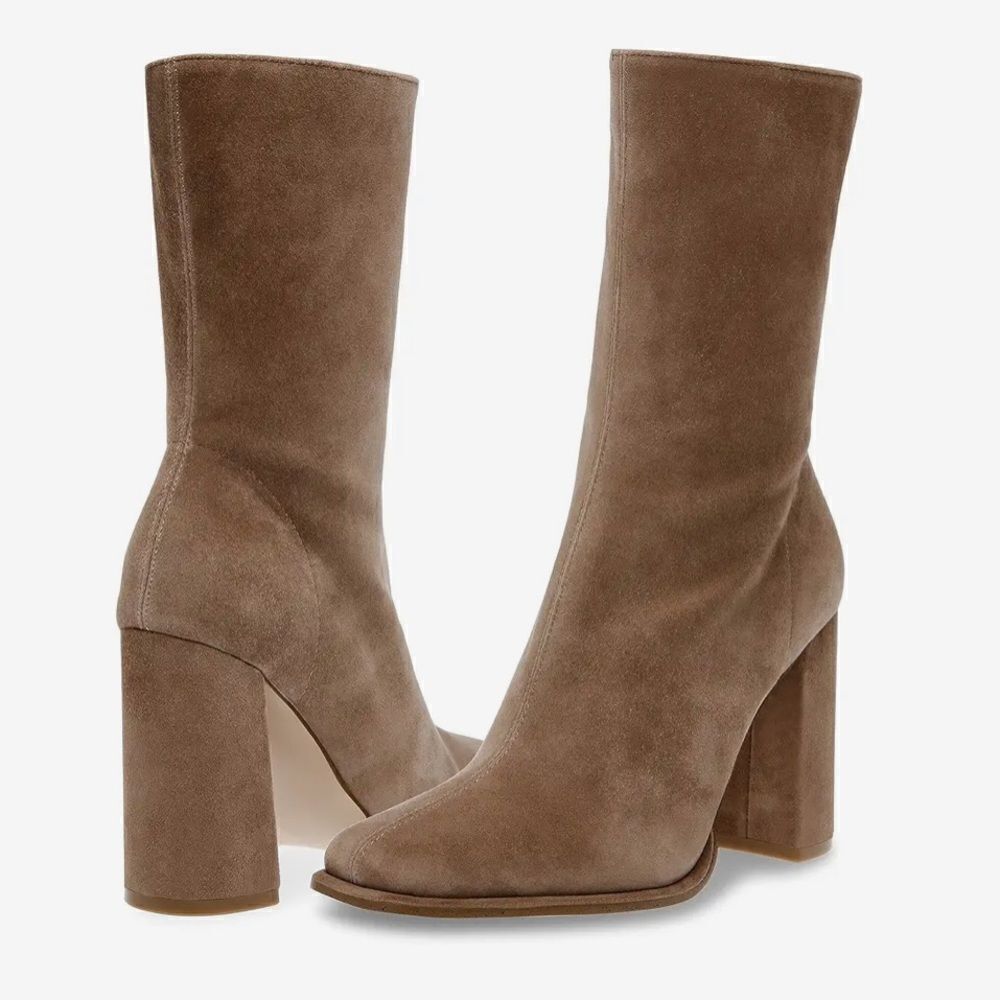 Steve Madden Lockwood Suede Mid Shaft Zip Up Block Heel Boots in Tan Sz 10 NWOB